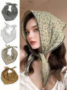 1 pieza Pañuelo triangular con estampado floral vintage, pañuelo para la cabeza de algodón y lino estilo bohemio con ribete de encaje, accesorio de cabello versátil para mujer para uso diario/viajes/fotografía - Multicolor - Ver 1
