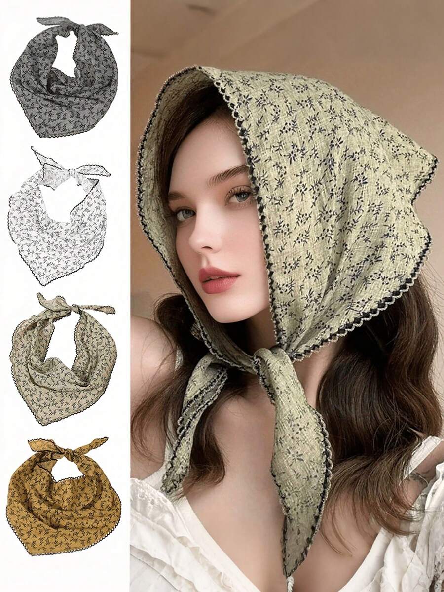 1 pieza Pañuelo triangular con estampado floral vintage, pañuelo para la cabeza de algodón y lino estilo bohemio con ribete de encaje, accesorio de cabello versátil para mujer para uso diario/viajes/fotografía - Multicolor - Ver 1