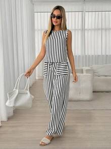 Conjunto informal de top y pantalones a rayas para mujer - Blanco y Negro - Ver 1