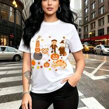 Camiseta de mujer con estampado festivo de Halloween con gatos blancos, calabazas y perro con sombrero de bruja - camiseta casual de manga corta, ajuste cómodo y estilo divertido para la temporada - ideal para fiestas temáticas, salidas con amigas y - Blanco - Ver 7