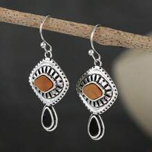 Bohemian Rhombus Dangle Earrings, Vintage Pattern Hook Design, Western Retro Style, Versatile For Daily Wear And Parties - Silver - View 3