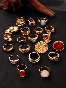 6/20pcs Vintage Multicolor Faux Gemstone Ring Set, Luxury Versatile Jewelry Accessories For Women - Multicolor - View 3