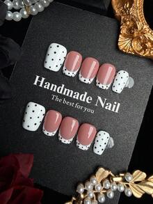 10pcs Short Square Handmade Press-On Nails, Cute Nude Color With Classic French Tip And Polka Dot Design, Smooth Glossy Acrylic Fake Nails Set, Suitable For Women's Daily Wear - Multicolor - View 2