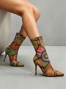 All Over Print Summer Ankle Boots For Women - Pointed Toe Stiletto Heels Shoes For Women Elastic Side Zip, Spring Fashion Unique Stretch Fabric With Print-Elegant Sexy Style For Commuting High Heels Boot Sandals, Summer Boots,Wedding Valentine's Day, Music Festival Party & Sexy Night Shoes Random (Each Pair May Vary For Surprise) - Bất thường-B - Xem 2