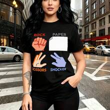 Camiseta de mujer con estampado creativo de Rock, Paper, Scissors y el nuevo gesto Shocker en diseño gráfico colorido - camiseta casual de manga corta con ajuste cómodo y estilo urbano moderno - ideal para paseos por la ciudad, salidas casuales y reg - Negro - Ver 9