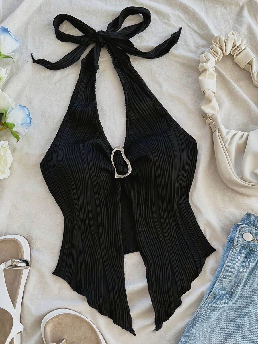 Fitted Tank Top With Metal Buckle And Asymmetrical Hem - Black - View 1