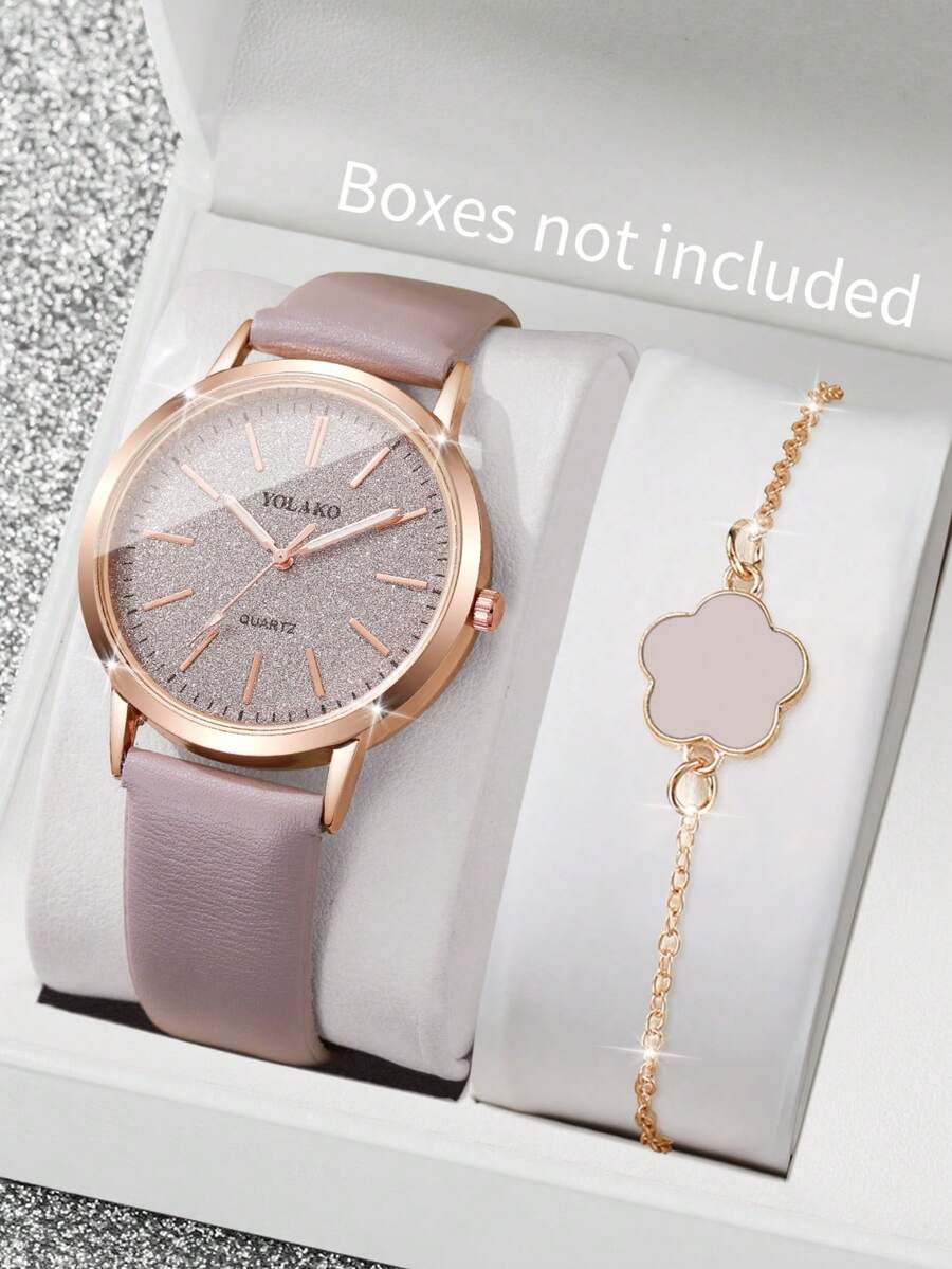 2pcs/Set Women's Fashion Minimalist Scale Dial Quartz Wrist Watch + Heart Charm Bracelet, No Watch Box Included - Grey - View 1