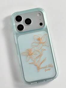 Illustration Line Lily Pattern Shockproof Phone Case Compatible With IPhone 16 15 14 Plus 13 12 11 16 15 17 Pro Max, Aesthetic Transparent Border Protective Shell - Translucent Green Lily - View 4