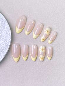 10 Stücke handgefertigte Press-On-Nägel, kurze Nägel, Sommernägel, gelbe Nägel, mit nudefarbener rosa Basis, zartgelben French-Tips und handgemalten gelben Blumendetails mit Goldakzenten, perfekt für den täglichen Gebrauch, Frühlings-/Sommerausflüge und besondere Anlässe. - Gelb - Übersicht 5