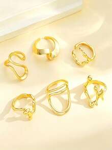 6pcs Casual Ins-Style Rings Set, Minimalist Asymmetrical Liquid Lava Geometric Gold Rings, Suitable Gift For Boyfriend/Husband - Yellow Gold - View 2