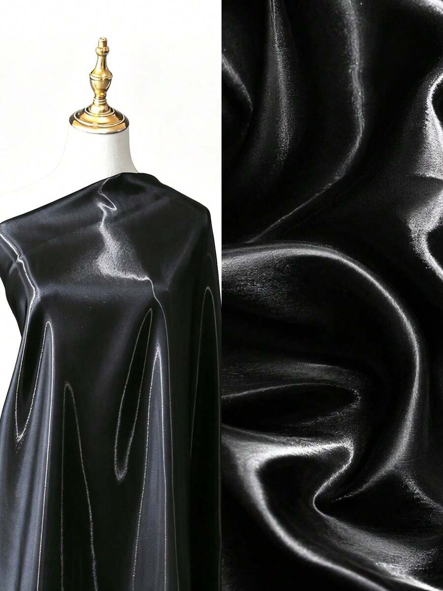 Black Glossy Silky Satin Fabric, High Gloss Polyester Satin Material, Soft Draping Suitable For Wedding Gowns, Evening Dresses, Cheongsam, Lining, Cushions, Curtains, Sewing And Crafts - 1 - View 1