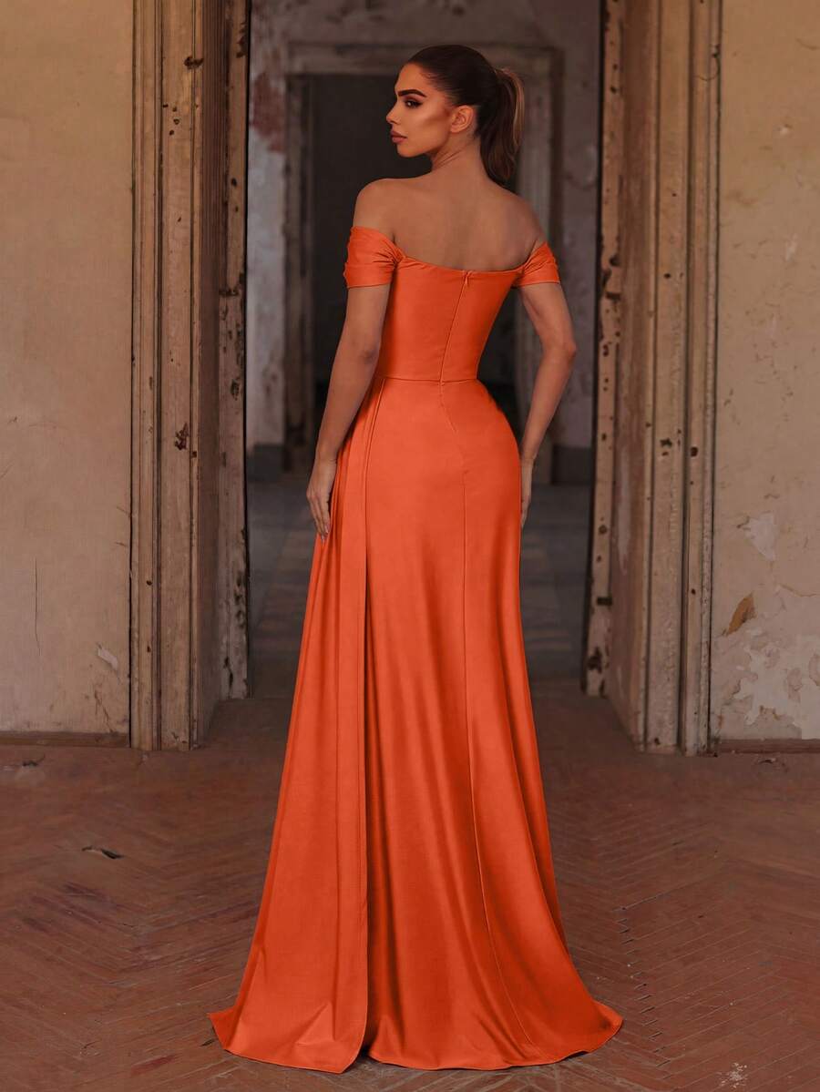 Faeriesty Elegant Ruched Design Maxi Bridesmaid Dress, Slit Hem, Knit Fabric Suitable For Formal Occasions And Balls Wedding