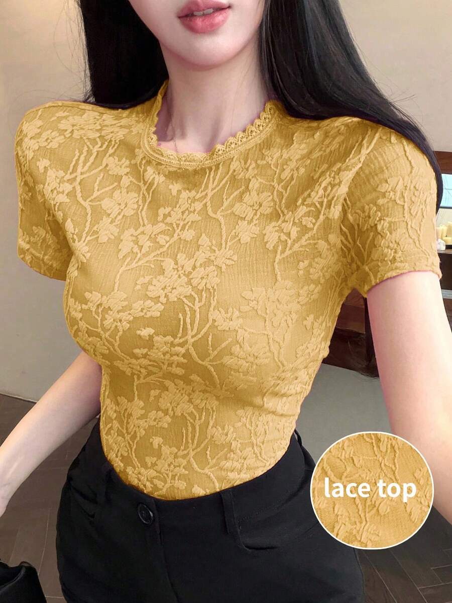 Blusa de encaje con estampado floral blanco, top corto, adecuado para boda, fiesta, festival de música, camiseta de manga corta ajustada para mujer, primavera/verano - Amarillo - Ver 1