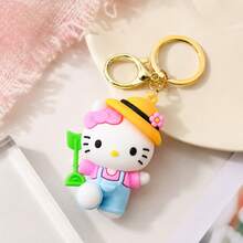 MINISO官方三麗鷗 Hello Kitty 黃色帽子藍色吊帶褲鏟子鑰匙圈 可愛3D矽膠動漫公仔 萌系粉色掛繩包飾 背包配件 車鑰匙環 畢業夏季禮物 - 粉色 - 查看 4