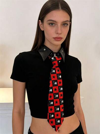 1pc Women's Gothic Punk Style Detachable Tie, Red & Black Plaid Skull & Star Print, Removable PU Leather Collar, Y2K Streetwear Accessory
