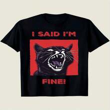 "I Say I'm Fine" Funny Print T-Shirt, Women's Casual Street Style Stretch Crew Neck Summer T-Shirt - Black - View 2