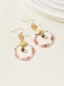 1 paire de boucles d'oreilles rondes en cristal artificiel de style bohème pour femmes, convient pour le port en vacances d'été (couleur des perles aléatoire) - Rose - E1343 - Voir 5