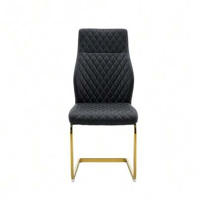 Table And Chair Set. Round 60cm Table In Walnut-Effect MDF, Gold Support Base, Matching 2 Black Dining Chairs With Diamond Pattern And Gold Metal Frame.