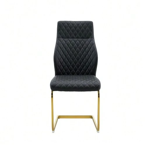 Table And Chair Set. Round 60cm Table In Walnut-Effect MDF, Gold Support Base, Matching 2 Black Dining Chairs With Diamond Pattern And Gold Metal Frame. - Black Gold - View 1