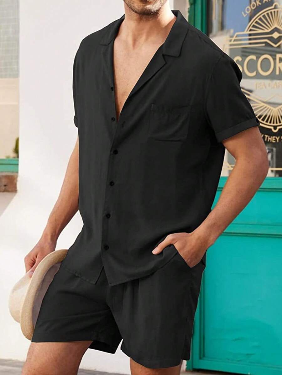Conjunto de dos piezas para hombre: camisa de lino de manga corta, corbata y botones.Ropa de playa veraniega, holgada e informal, confeccionada en tejido de mezcla de algodón, ligera, transpirable, fresca y suave al tacto, perfecta para la playa y otros destinos vacacionales; un regalo ideal para tu novio o marido. - Gris - Ver 1