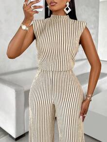 AIJ Amarilo Women's Elegant Striped High Neck Sleeveless Backless Hollow Out Wide Leg Jumpsuit, Suitable For Commuting, Office, Daily Wear, Street, Night Out, Thanksgiving (Random Pattern) - Champagne - View 5