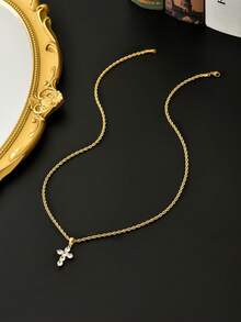 1 pieza Collar de cruz de circonita chapado en oro de 18K para hombres, joyería religiosa minimalista y exquisita, accesorio personalizado llamativo, adecuado para uso diario y ocasiones de hip-hop - Dorado - Ver 5