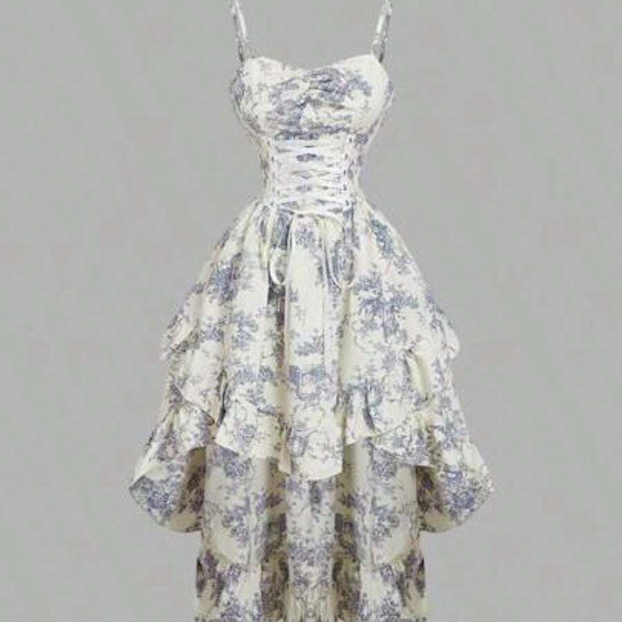 WNS MOD Vestido vintage con cuello de corazón, cruzado en la cintura, con volantes en el borde y bajo asimétrico, unicolor, para graduación en blanco - Azul y blanco - Ver 1