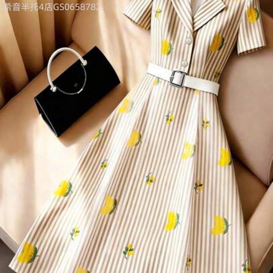 Fengyu Women's Clothing Store Vestido camisero de verano casual y elegante con estampado de frutas tropicales en marrón, vestido de oficina - Marrón - Ver 1