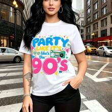Camiseta de mujer con estampado retro "PARTY LIKE IT'S THE 90'S" en colores vibrantes y boombox vintage - camiseta corta de manga corta con ajuste slim y diseño nostálgico, ideal para fiestas temáticas, salidas nocturnas urbanas y eventos casuales - - Blanco - Ver 7