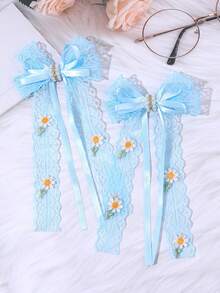 2入組女孩藍色蕾絲髮蝴蝶結亮面珍珠裝飾髮夾 菊花造型精緻鱷魚夾 優雅公主風髮飾 派對日常婚禮度假禮物 青少年髮飾髮夾 - 藍色 - 查看 5