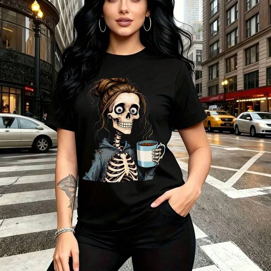 Camiseta de mujer con estampado de esqueleto femenino con moño y chaqueta vaquera sosteniendo taza de café - diseño urbano y divertido, ajuste cómodo para el día a día, ideal para paseos por la ciudad, citas casuales y como regalo perfecto para mamá, - Negro - Ver 1