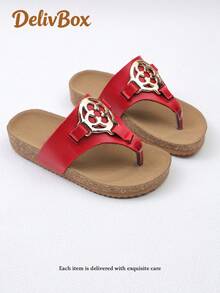 1 Pair Girls' Black Toe-Loop -Style Slide Sandals For Retro Casual Summer Wear(Sole/Sole Color Random) - Red - View 8