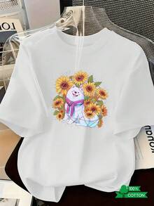 Camisa casual de vacaciones para mujer con estampado de letras y anime a la moda, camiseta de cuello redondo para mujer con diseño sencillo, cómoda y transpirable, elegante y versátil, adecuada para deportes y ocio, un imprescindible de verano, entrega local. Camiseta de talla grande con estampado de cachorro blanco y girasol, ideal para salidas, uso urbano y cotidiano. - Blanco - Ver 1
