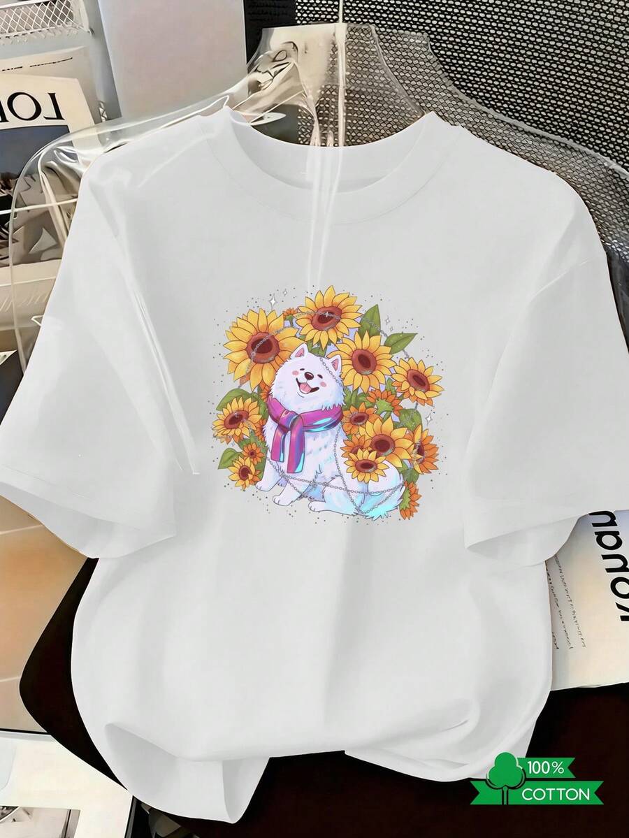Camisa casual de vacaciones para mujer con estampado de letras y anime a la moda, camiseta de cuello redondo para mujer con diseño sencillo, cómoda y transpirable, elegante y versátil, adecuada para deportes y ocio, un imprescindible de verano, entrega local. Camiseta de talla grande con estampado de cachorro blanco y girasol, ideal para salidas, uso urbano y cotidiano. - Blanco - Ver 1