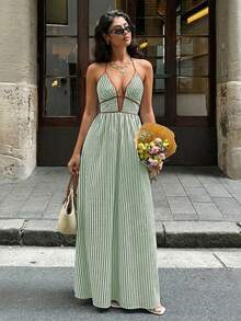 Vestido Cuello Halter Espalda Descubierta Rayas Disponible en Múltiples Colores - Verde - Ver 8