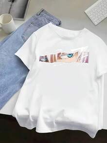 100% Cotton. Casual Short-Sleeved Printed T-Shirt. Loose-Fitting, Mid-Length Short-Sleeved T-Shirt With 1pac Anime Eyes Motif, Casual Y2K-Style Summer Top. Spring/Summer Top. - 白色 - 查看 1