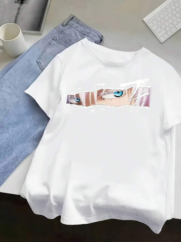 100% Cotton. Casual Short-Sleeved Printed T-Shirt. Loose-Fitting, Mid-Length Short-Sleeved T-Shirt With 1pac Anime Eyes Motif, Casual Y2K-Style Summer Top. Spring/Summer Top. - White - View 1