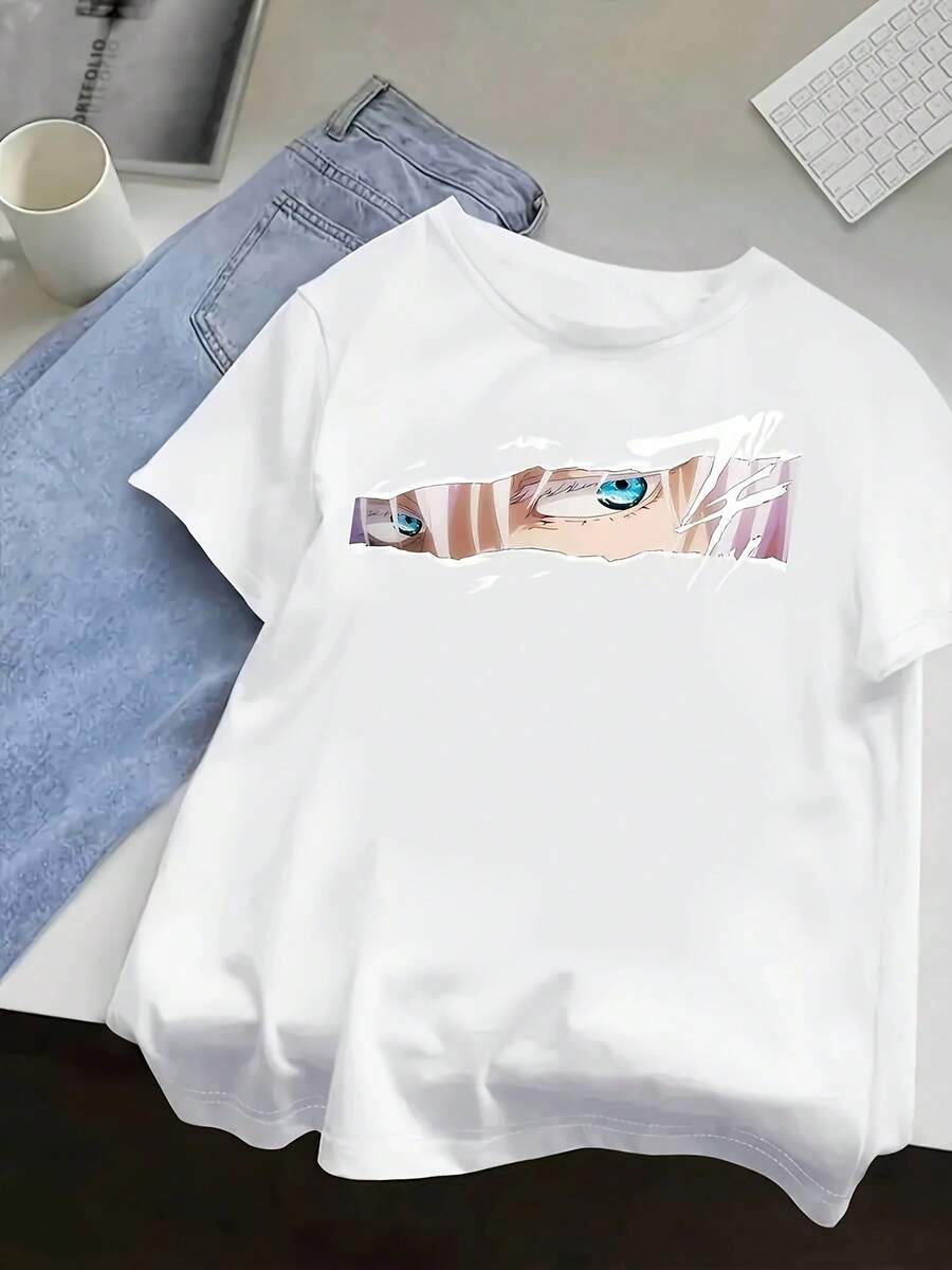100% Cotton. Casual Short-Sleeved Printed T-Shirt. Loose-Fitting, Mid-Length Short-Sleeved T-Shirt With 1pac Anime Eyes Motif, Casual Y2K-Style Summer Top. Spring/Summer Top. - 白色 - 查看 1