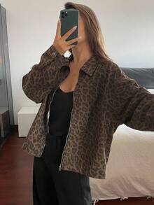 Chaqueta vaquera casual y holgada con estampado de leopardo para mujer - Óxido marrón - Ver 1