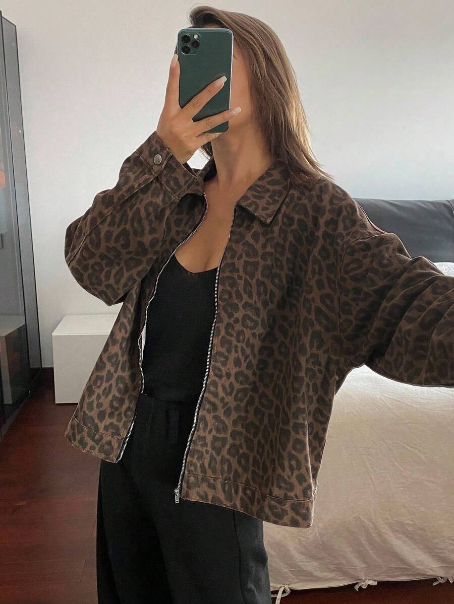 Chaqueta vaquera casual y holgada con estampado de leopardo para mujer - Óxido marrón - Ver 1