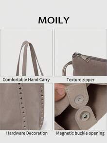 Black Large Capacity Commuter Women's Tote Bag, Fashionable Shoulder Bag With Multiple Rivet Niche Elements, Elegant Suede Design Handbag With Better Texture, Suitable For Dating, Daily Use, Shopping - Grey - View 6