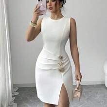 Vestido mini elegante de mujer de unicolor con cuello redondo, plisado, bajo con abertura, botones de metal con forma de sol, estrella de mar y concha, sin mangas, para uso casual al aire libre, de vacaciones, adecuado para fiestas, citas, trabajo, negocios. Vestido sin mangas de unicolor para uso diario. Vestido plisado sin mangas con botones de metal para el verano, adecuado para todas las estaciones, temporada de graduación, regreso a clases, Día del Maestro. - Albaricoque - Ver 6