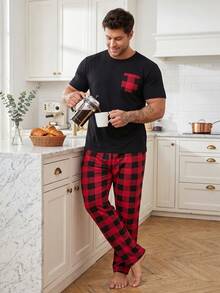 Men's Plus Size Pajama Set, Short Sleeve T-Shirt + Red & Black Plaid Pants 2-Piece Loungewear, Fun Design, Suitable For Home Leisure - Black - View 4