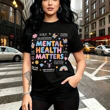 Camiseta de mujer con estampado motivacional "MENTAL HEALTH MATTERS" y frases inspiradoras como "YOU ARE ENOUGH" y "KEEP GOING" - diseño colorido con flores, corazones y arcoíris, ajuste cómodo y estilo urbano casual - ideal para el Día de la Madre, - Negro - Ver 8