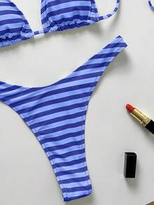 Women's Basic Striped Print Swimsuit, Suitable For Various Occasions From Pool To Beach In Summer, Daily Mini Triangle Bikini Beach Outfit Vacation - Blue - View 6