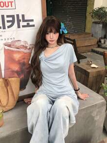小巧香港風結飾不對稱甜美百褶修身短袖T恤休閒款 - 藍色 - 查看 7