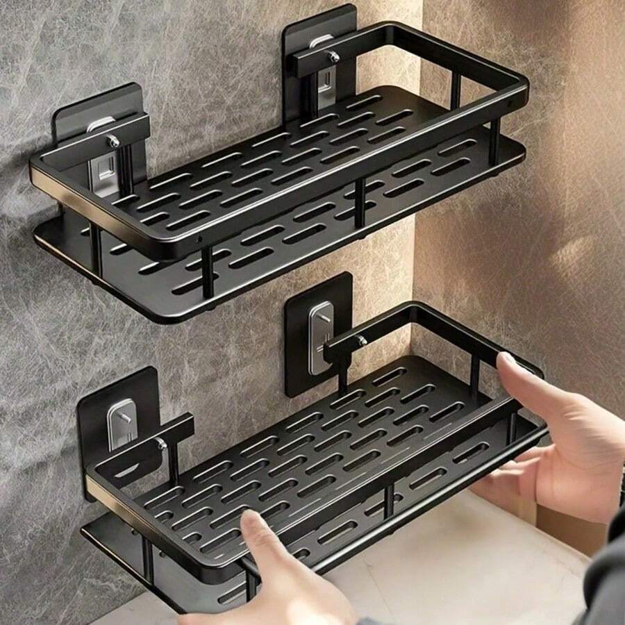 4/2/1pc Stainless Steel Shower Caddy Set, 29.97cm Rust-Proof Wall-Mounted Storage Rack, Drill-Free Installation, 19.96KG Load Capacity, Fashionable Black Bathroom Shampoo And Body Wash Organizer - Black - View 1