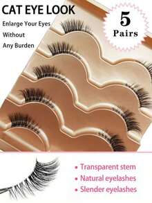 5 Pairs Natural Half Lash Extensions, 3-5-9mm Mixed Length, Natural Cat Eye Lashes Makeup Tool, Fluffy Faux Mink Lashes With Transparent Band, 3D Fluffy Mini Cute Super Short Half Lashes, Suitable For Cosplay, European And American Style Extension False Eyelashes, False Eyelashes, Halloween, Cat Eye Lashes, Holiday, Winter, Natural False Eyelashes - Multicolor - View 3