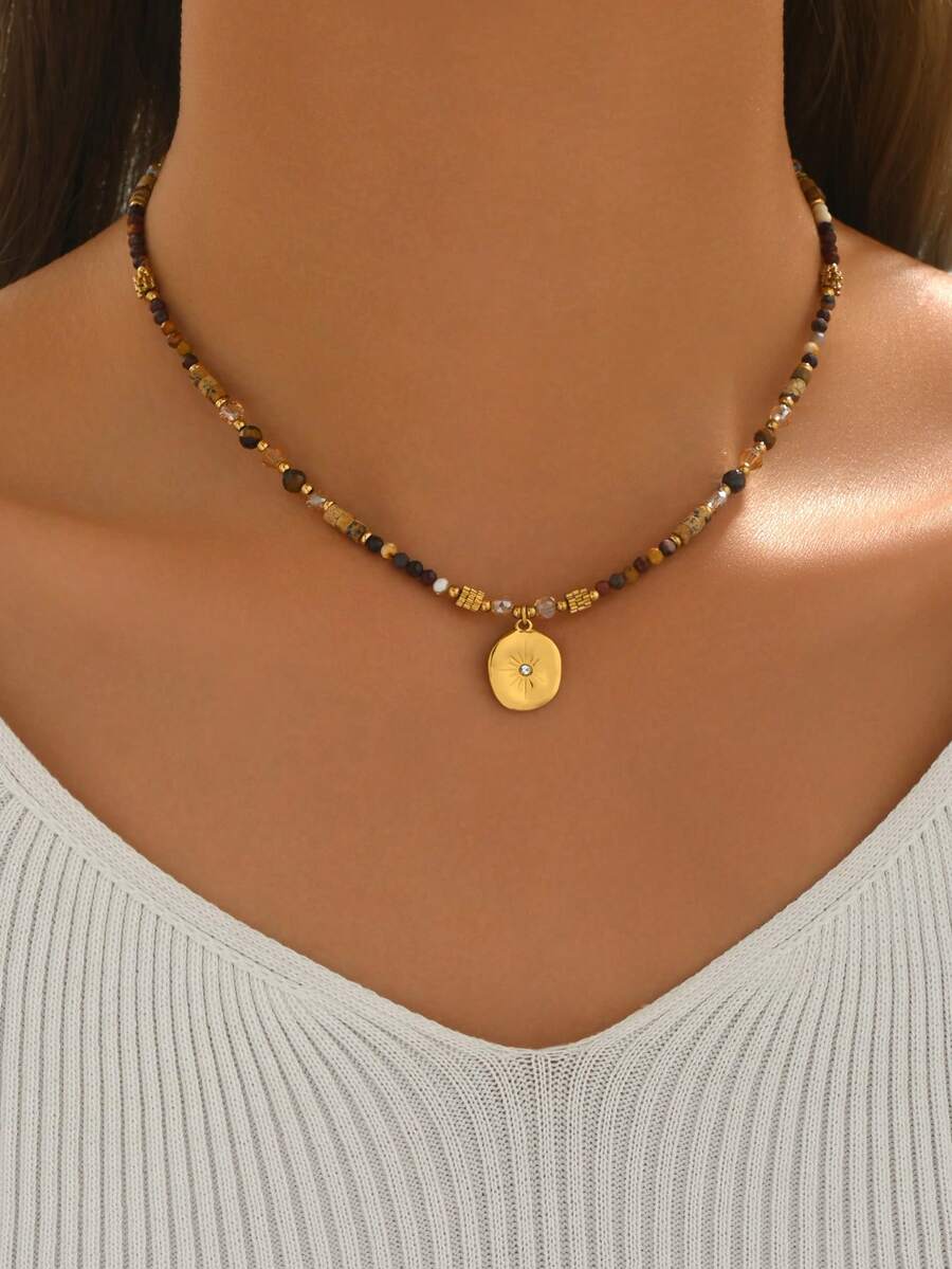 1 buah Kalung Manik-Manik Geometris Batu Alam Stainless Steel Wanita, Gaya Vintage Modis Cocok untuk Pemakaian Sehari-hari (Warna Manik-Manik Acak) - Emas-N1126 - View 1