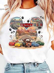 Officially Licensed Disney Products: Disney Cars T-Shirts,  Lightning McQueen T-Shirts, Trailer McSally Carrera T-Shirts, Disney Family Travel T-Shirts, Disney Theme Park Vacation T-Shirts. Made Of 100% Pure Cotton, High-Quality, Well-Fitting, Unisex, Perfect For Gifting, Free Shipping. - White - View 1